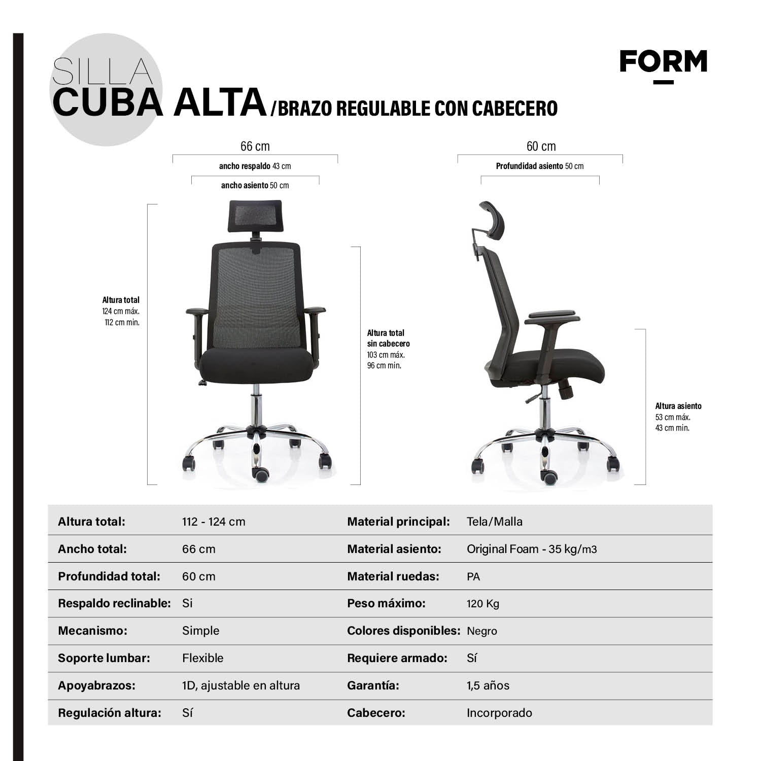 Silla de escritorio Cuba Alta brazo Regulable y cabecero
