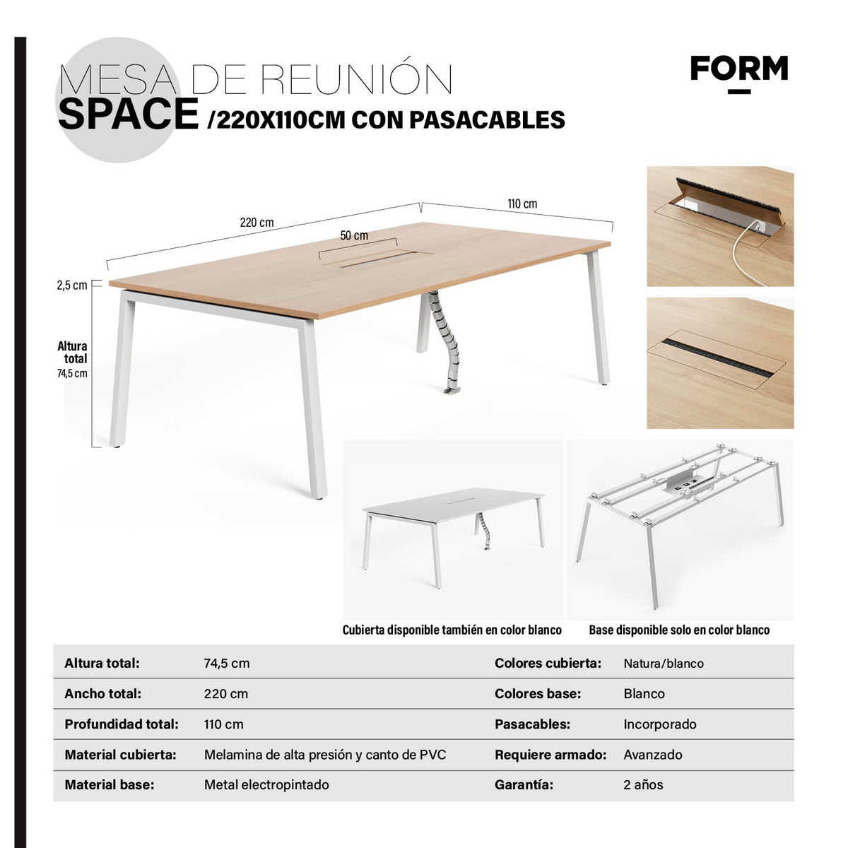 Mesa de Juntas Space con Pasacables 220 x 110 cm Natura/Blanco