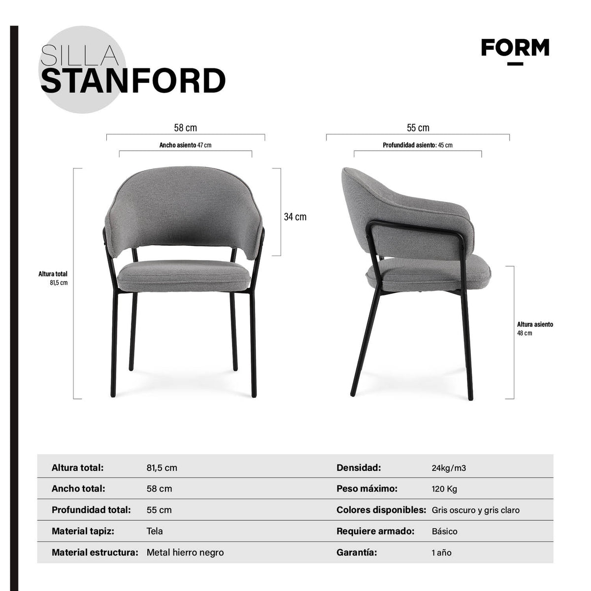 Silla diseño Home Office Stanford Gris Oscuro