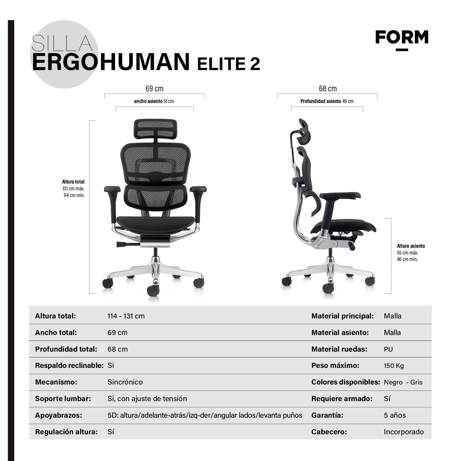 Silla Ergohuman Elite 2 Negro con cabecero
