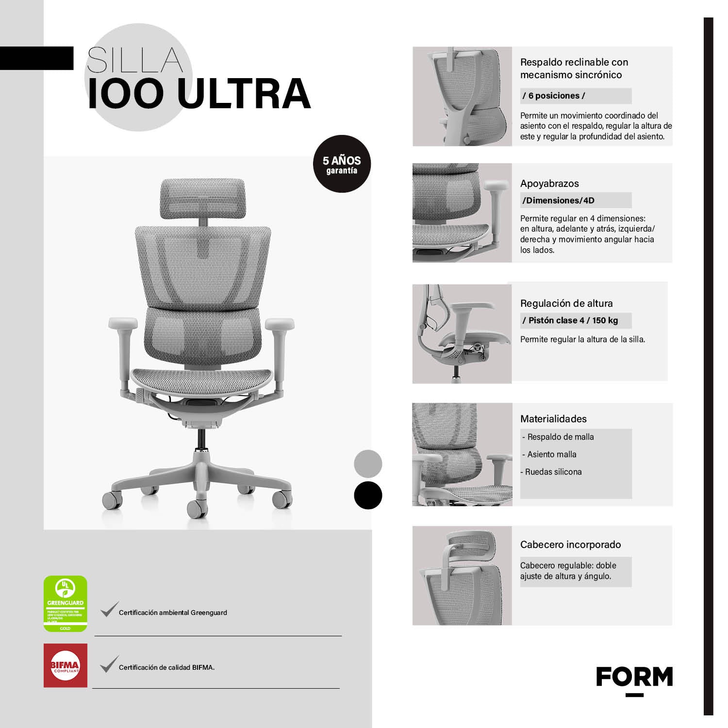 Silla IOO Ultra Gris claro con cabecero