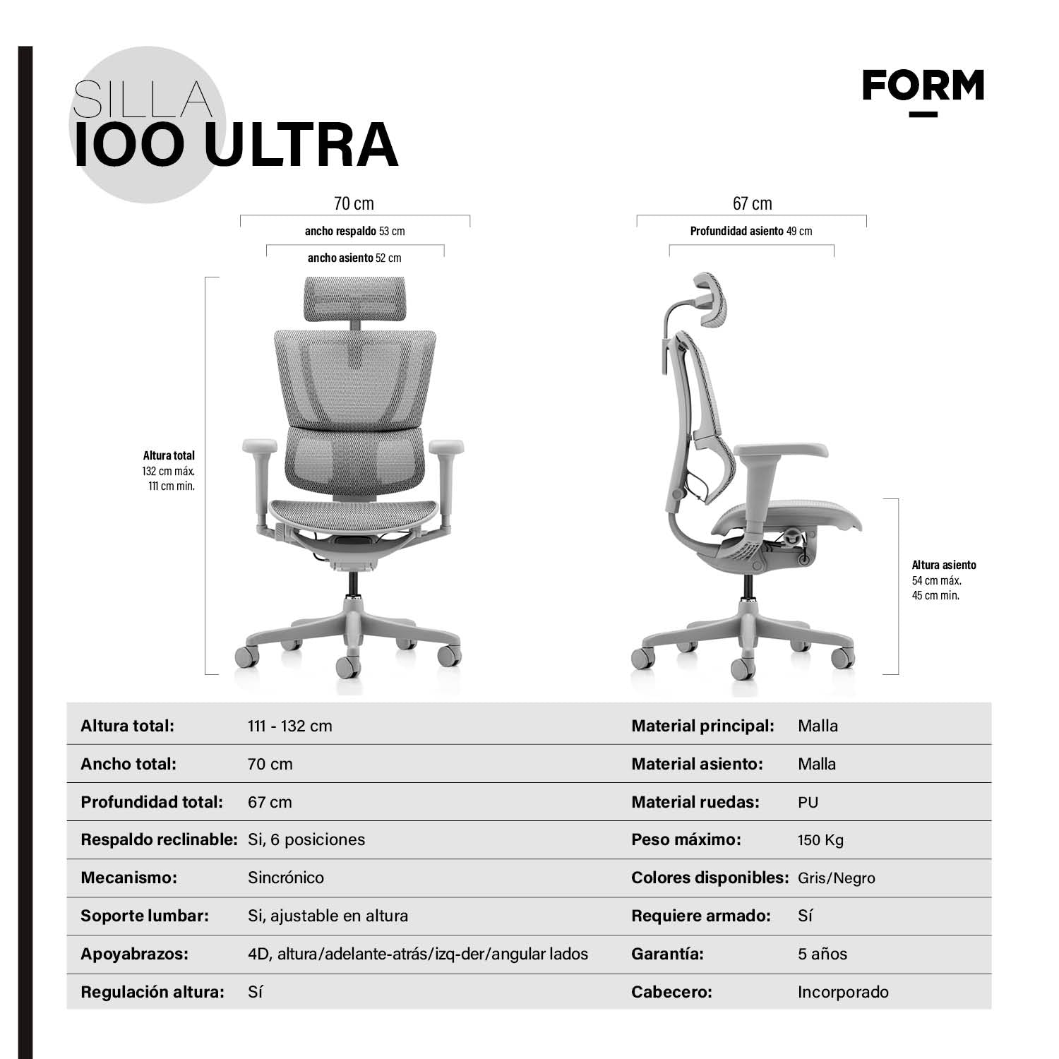 Silla IOO Ultra Gris claro con cabecero