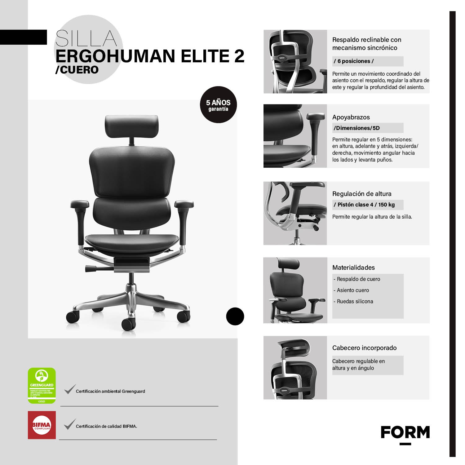 Silla Ergohuman Elite 2 Cuero Negro con cabecero
