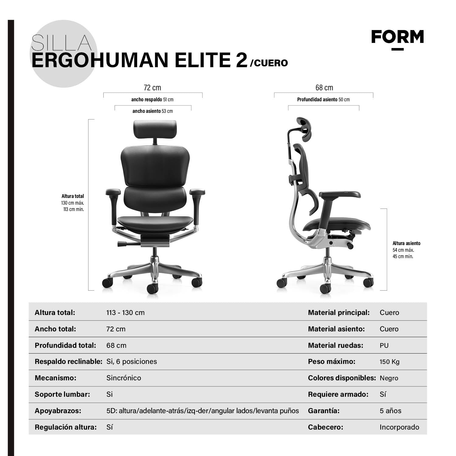Silla Ergohuman Elite 2 Cuero Negro con cabecero