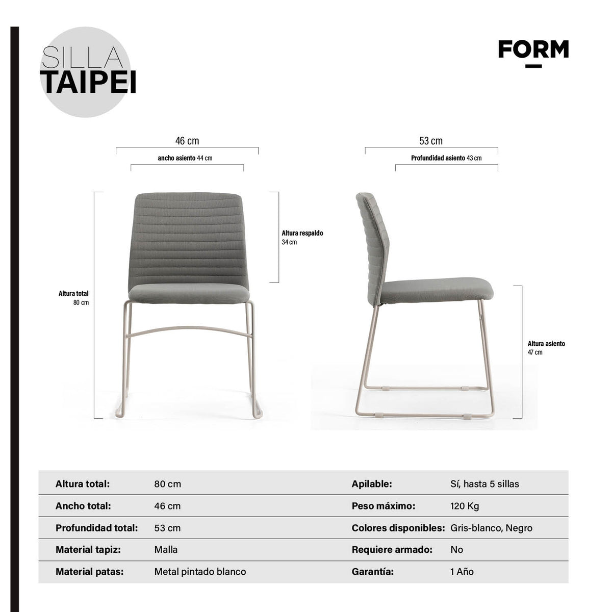 Silla oficina Visita Taipei Gris/Blanco