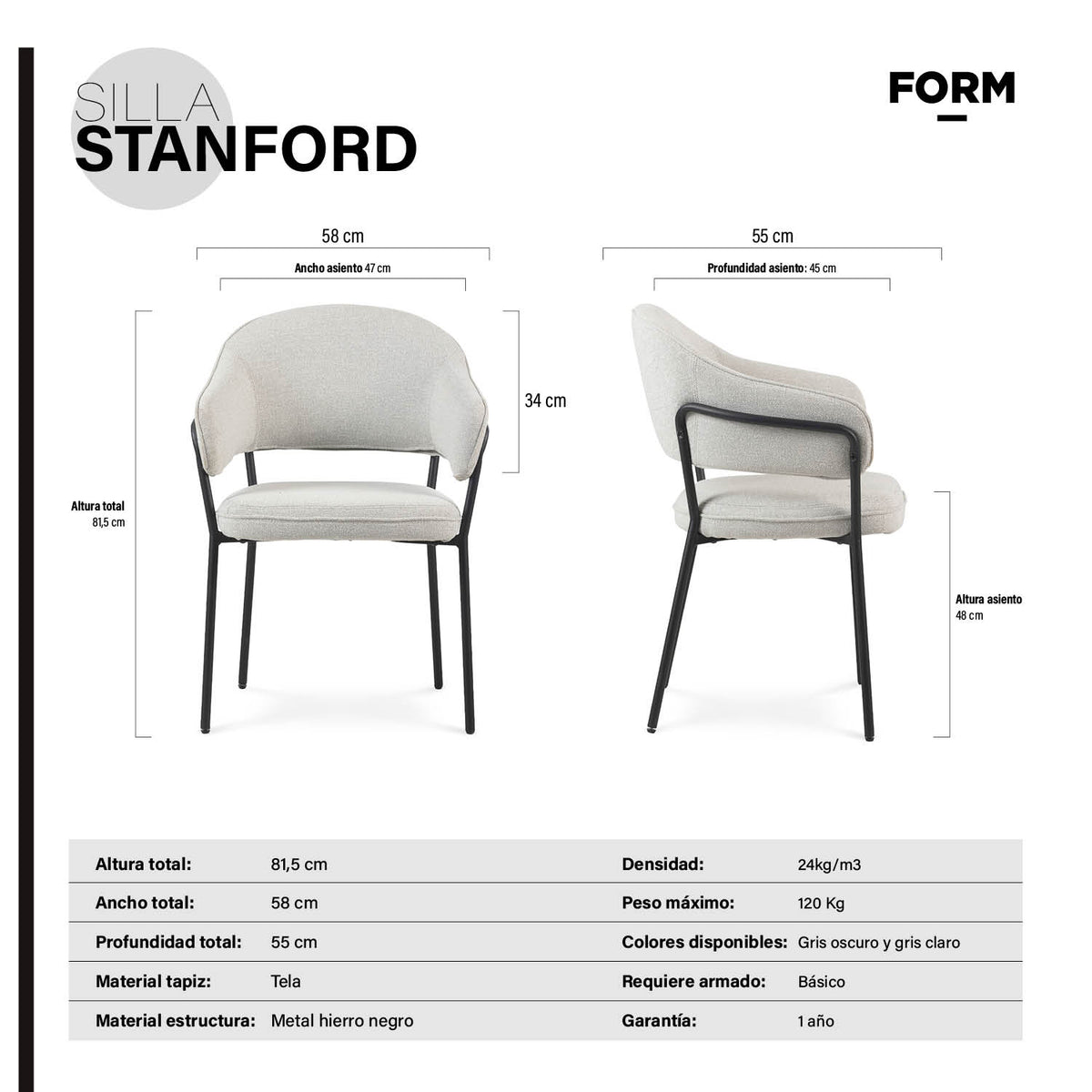 Silla diseño Home Office Stanford Gris claro