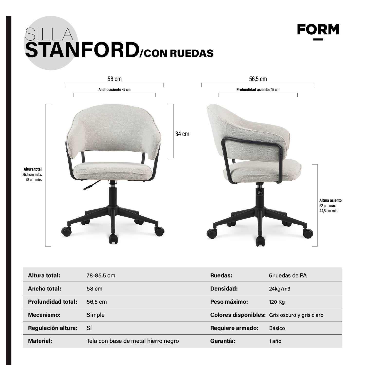 Silla Home Office Stanford Gris Claro con ruedas