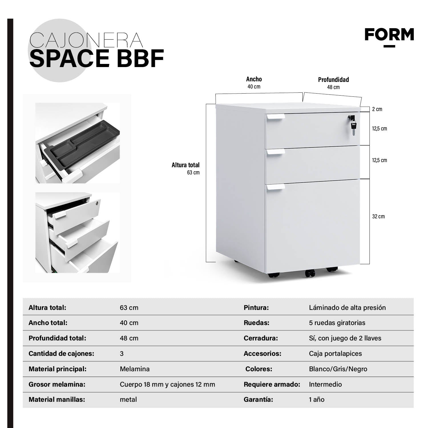 Cajonera Melamina Space BBF Blanco